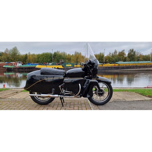 1955 Vincent Series D Black Knight, 998cc. registration number PCR 836. Frame number, headstock RD 12954/F, rear RD 12954/F. Engine number F10 AB/2 11054. Crankcases, both J 44 V.
Phil Vincent dubbed the 45hp Black Knight “a two-wheeled Bentley” when it was launched at the Earl’s Court Motor Show in 1954, becoming the first fully-enclosed superbike. 
The idea was that the owner could ride to work in his suit and not have to wear motorcycle clothing, it also had the added benefit of channeling more air into the engine bay thereby increasing the power over the Rapide on which it was a development, at the same time the Black Prince was launched based on the Black Shadow with 55hp . The only visual difference between the two is the badging on the mudguards.
 As the story goes, by the time the hand built faired bikes rolled out, Vincent was finding it increasingly difficult to compete with mass-manufactured cars. Not only did the Black Knight and Black Prince prove unpopular due to their futuristic looks, but it turned out Vincent was losing money on each bike sold. The company closed in December 1955 after producing 101 Black Knights and 132 Black Princes.
One of the most useful innovations was a huge side-mounted lever which allowed the rider to place the bike on its center stand while still sitting in the saddle, the whole of the rear panelling is hinged for ease of access and it used Lucas electrics, chosen for their reliability.
This confirmed matching numbers machine was first registered on the 1st October 1955, and was first registered with a sidecar, as many were. By January 1962 it was with Thomas Wood of Brixton before moving to Slough with Alec Maslen in May 1962. In May 1964 it was with Elite Motors of Tooting being sold to Gordon Hemms of Bath in the July, he still had it in 1976. Trevor Burgess of Liversedge bought it in 1980 before it moved to Garnett Orford of Selby in 1998, our vendor bought it from him in 2017. 
There are MOT's on file from 1985 at 22,004 miles, 1997 at 22,609 miles and 1998 at 22, 644 miles, today it is at 102 miles.