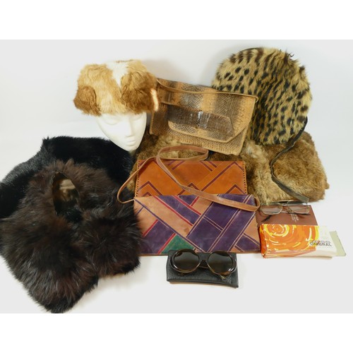 146 - Four fur and skin handbags, together with fur hat, wrap and other items.