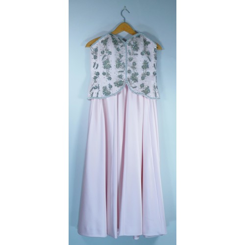 173 - A 'Frank Usher' pink beaded strapless top with matching plain long pink skirt. Size 14. (stain on sk... 