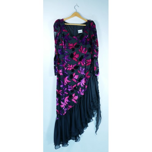 174 - A 'Frank Usher' black dress with pink and purple leaves. Long-sleeved mesh arms with black frill tul... 