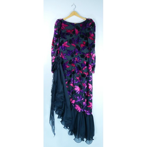 174 - A 'Frank Usher' black dress with pink and purple leaves. Long-sleeved mesh arms with black frill tul... 