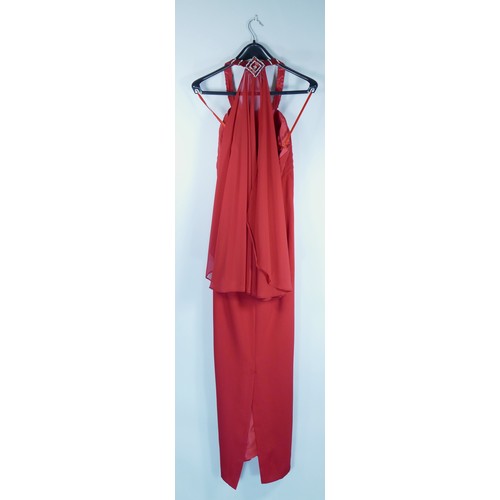 175 - An 'Asable' red halter neck dress with beading detail and red shawl attached, size 14.
