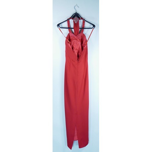 175 - An 'Asable' red halter neck dress with beading detail and red shawl attached, size 14.
