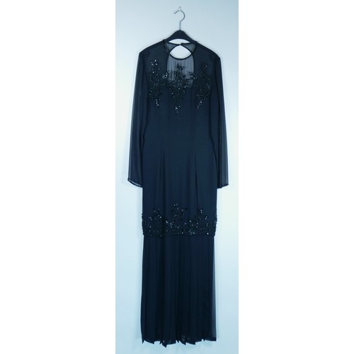 176 - A 'Frank Usher' black beaded open back dress with long-sleeved mesh arms, size 10.