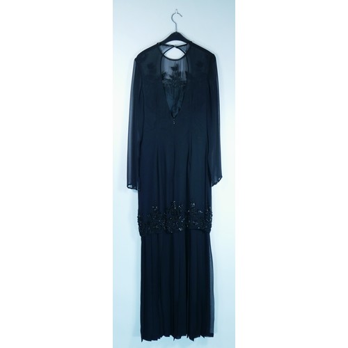 176 - A 'Frank Usher' black beaded open back dress with long-sleeved mesh arms, size 10.
