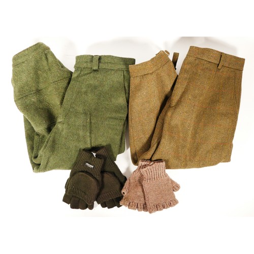 183 - A selection of clothing to include two pairs of 3/4 trousers, one pair a 'Hoggs' brown wool size 36