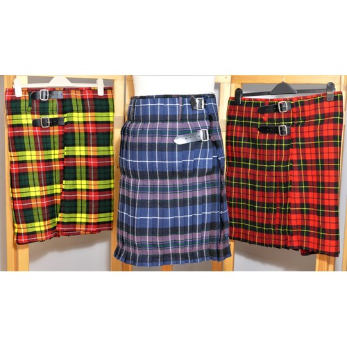 186 - Ten Scottish Highland woven tartan Kilts, unworn, various colourways, sizes 28, 32 x 5, 38, 36 x 2.