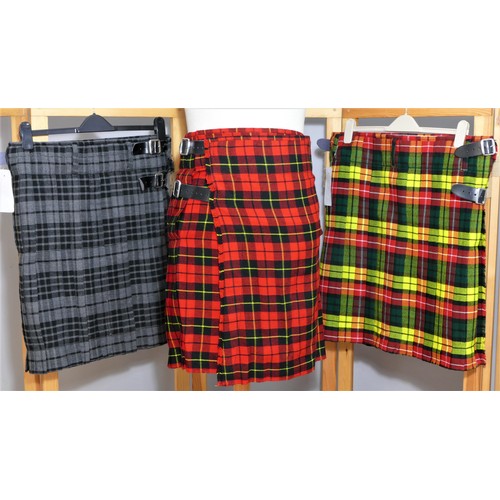 187 - Nine Scottish Highland woven tartan Kilts, unworn, various colourways, sizes 32 x 2, 34 x 3, 36, 38,... 