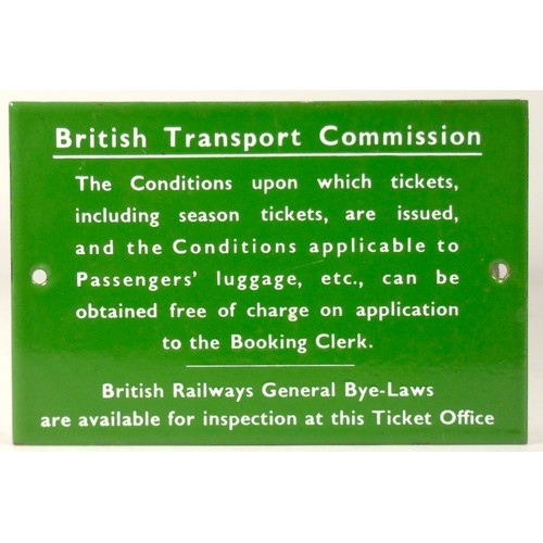 15 - A small metal green and white British Transport Commission sign, relating to the issue of tickets an... 