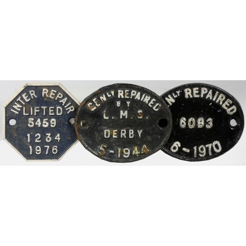 42 - Two cast-iron Gen. repaired plates, 5-1944 (L.M.S. Derby) and 6-1970, also including an inter repair... 