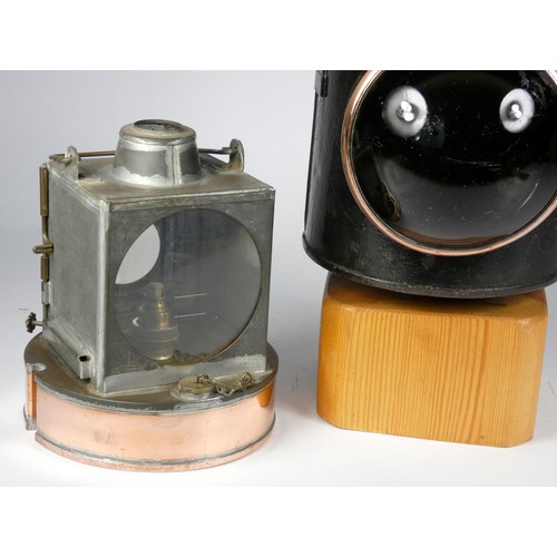 58 - A large unmarked points/signal lamp case, along with its internal copper based lamp (with burner), p... 