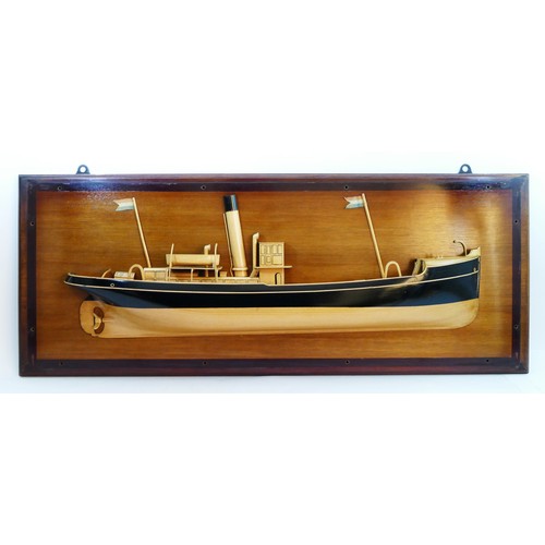 84 - An Edwardian wooden half block model of a Dutch coastal steamer, un-named, mahogany case with carved... 