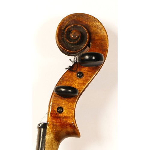 197 - A unbranded violin, with two piece back, with two later bows, one signed Czecholovakia, in a leather... 