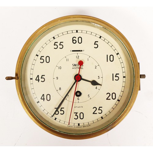 73 - A Smiths Astral ships bulkhead clock, brass case with cream coloured painted dial, Arabic numerals s... 