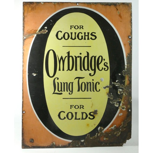 340 - A singled sided vicious enamel sign, Owbridge’s Lung Tonic For Coughs For Colds, 46cm x 61cm