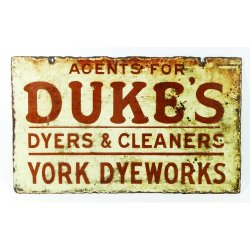 342 - A Duke's Dryers & Cleaners, York Dye Works, double side hanging vitreous enamel advertising sign, 30... 