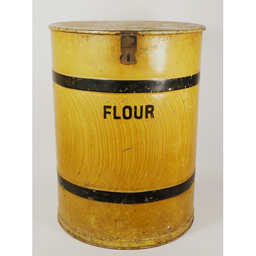 346 - A Victorian farmhouse/shop toleware Flour tin bin, hinged lid, decorated as a wooden barrel, 69 x 52... 