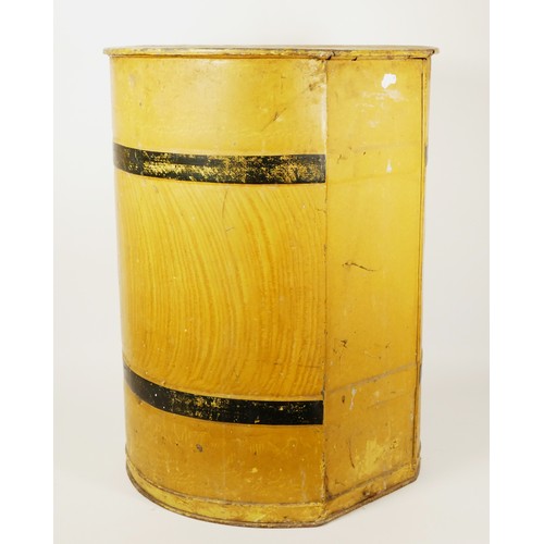 346 - A Victorian farmhouse/shop toleware Flour tin bin, hinged lid, decorated as a wooden barrel, 69 x 52... 