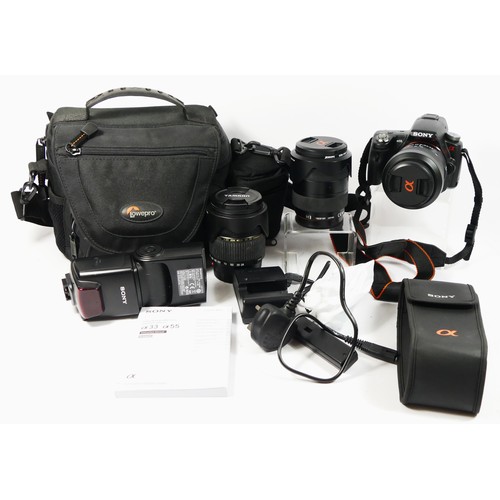 358 - A Sony A55 SLR digital camera, with three lens, to include a Sony 18mm-55mm f3.5-f5.6 zoom lens, a S... 