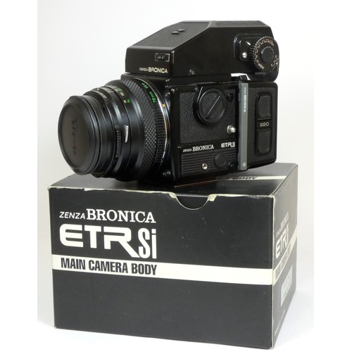 356 - A Bronica ETRsi medium format camera, original box and manual, together with a 75mm f2.8 lens, a 150... 