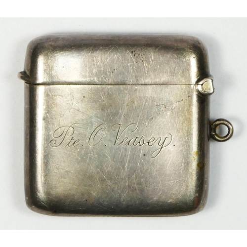 387 - Of Ansty War Memorial interest; a silver vesta case, Chester 1918, inscribed 