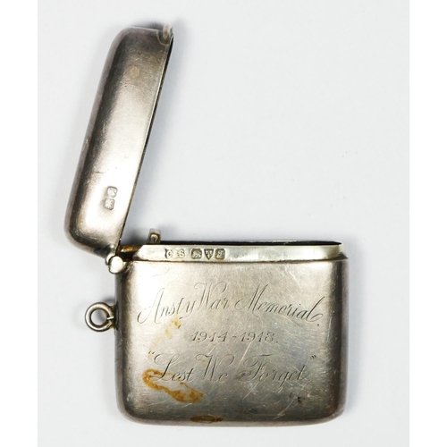 387 - Of Ansty War Memorial interest; a silver vesta case, Chester 1918, inscribed 