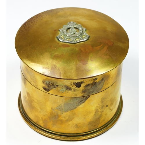 WWII Trench Art, a brass shell case box, 25lb shell dated 1941 with pull  off cover with South Somers