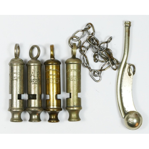 396 - A bosun's whistle with broad arrow, a Hudson ARP whistle, two Metropolitan whistles and a Acme City ... 