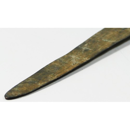 414 - A Luristan bronze dagger, with ribbed blade and ear pommel, 28.5cm.
Provenance; purchased by the ven... 