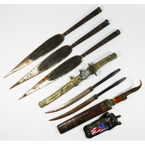 417 - Three African spear heads, 46-47cm, and five other bladed knives.