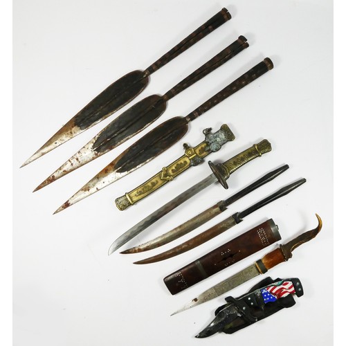 417 - Three African spear heads, 46-47cm, and five other bladed knives.