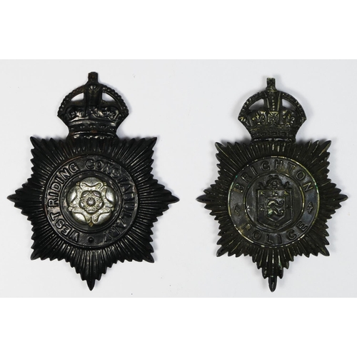 431 - Two vintage Police night helmet plates, West Riding and Brighton, 12cm