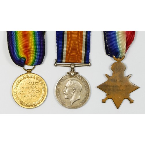 441 - WWI Trio, 1914-15 Star, Victory and War, awarded to 13834 Cpl. J.H.M. Harris, Suffolk Regt