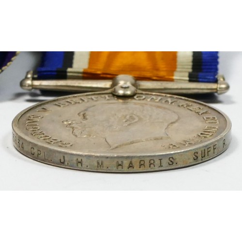 441 - WWI Trio, 1914-15 Star, Victory and War, awarded to 13834 Cpl. J.H.M. Harris, Suffolk Regt