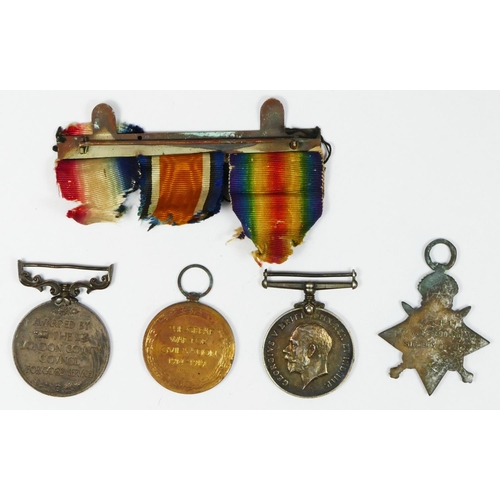 449 - A Fire Brigade/WWI four medal group, 1914-15 Star, awarded S.B. 131 W.F. Sutton Sig. Boy R.N.R., Vic... 