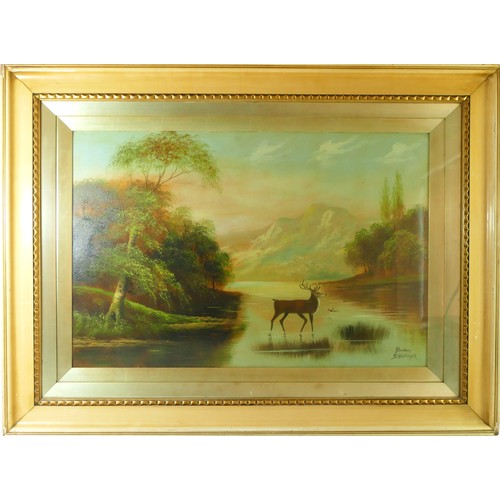 230 - B. Wallinger, early 20th Century - a pair of Highland stag on rivers, oil on board - 48cm x 75cm.