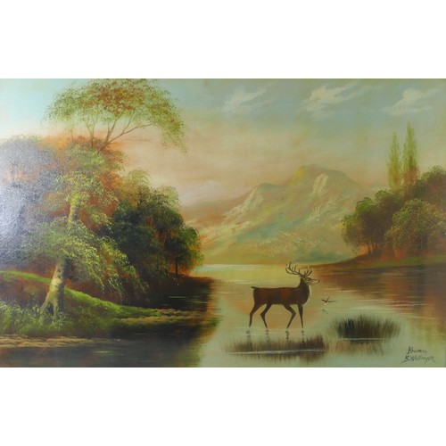 230 - B. Wallinger, early 20th Century - a pair of Highland stag on rivers, oil on board - 48cm x 75cm.