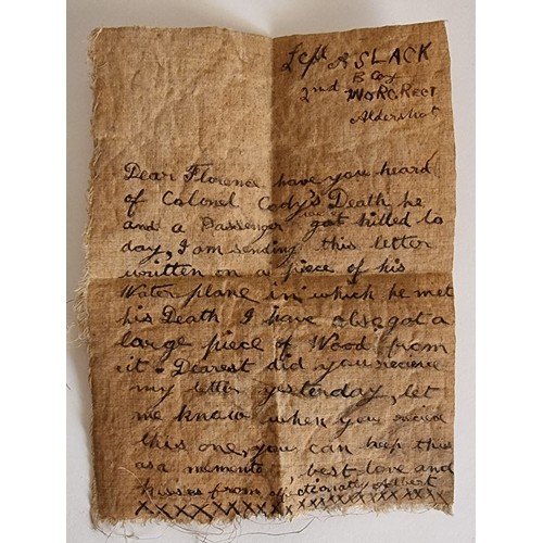 465 - Of Colonel Cody aviation interest; a piece of fabric taken from the fatal crash on 7th August 1913, ... 