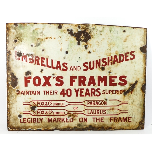 351 - A single sided enamel sign, Fox's Frames, advertising Umbrellas and Sunshades, 55cm x 44cm