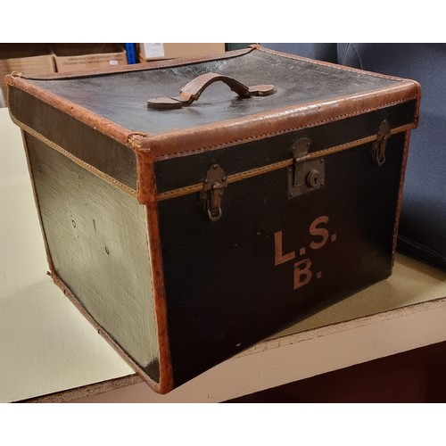 263 - A vintage leather bound square trunk initial L.S.B 51 x 45 x 38cm