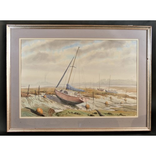 258 - A.J. Robinson, contemporary, Beached sail boats on saltmarshes, Kent, watercolour, signed and dated ... 