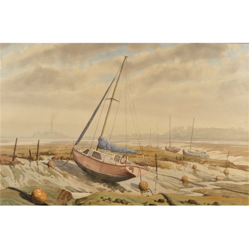 258 - A.J. Robinson, contemporary, Beached sail boats on saltmarshes, Kent, watercolour, signed and dated ... 