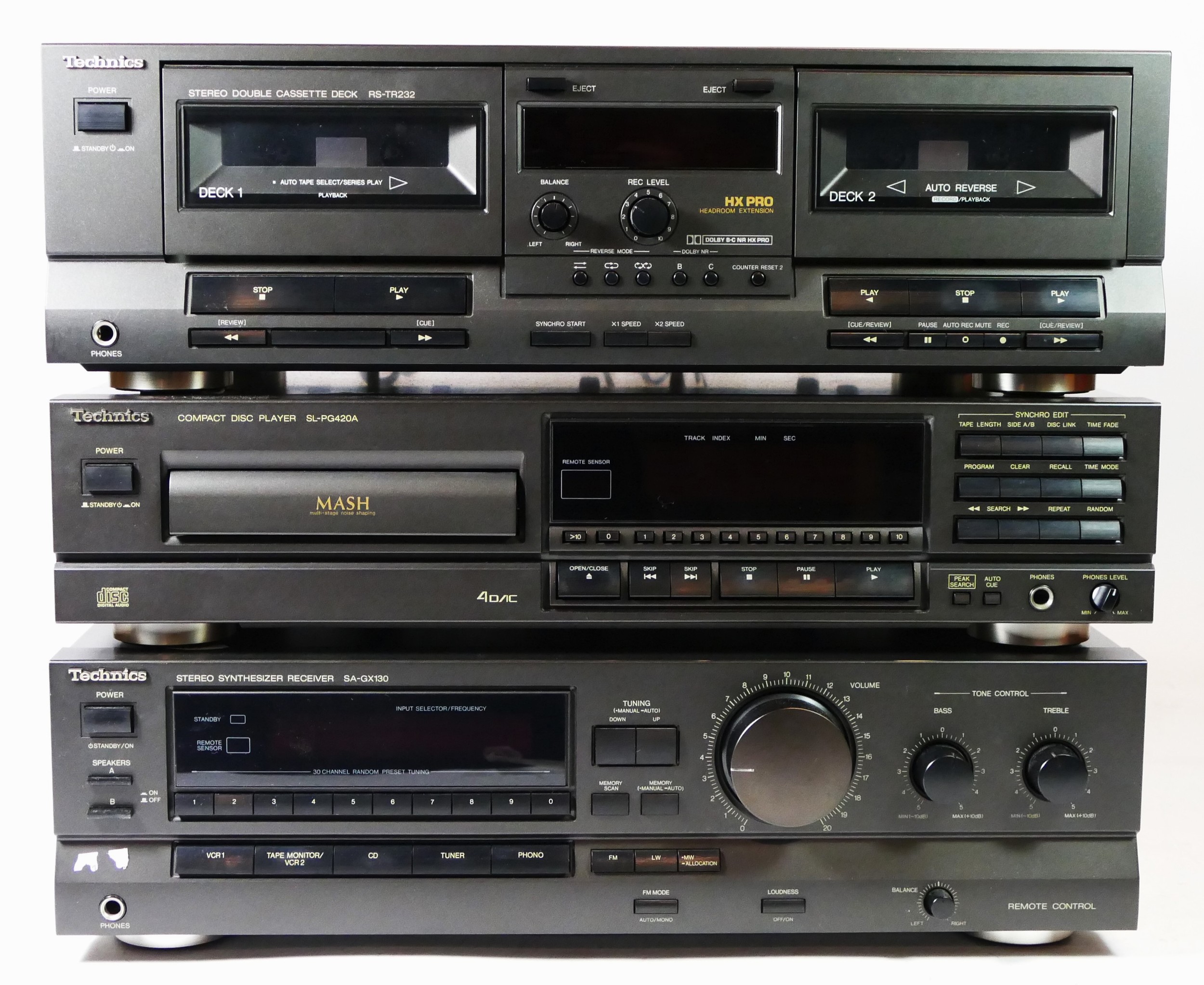 A Technics double cassette deck, RSTR232, a Technics cd player SL