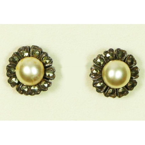 12 - A pair of vintage silver with gold wire ear studs, set with an imitation pearl and marcasite, 10mm