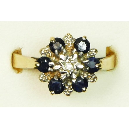 21 - A 9ct gold sapphire and diamond cluster ring, Q, 3.7gm