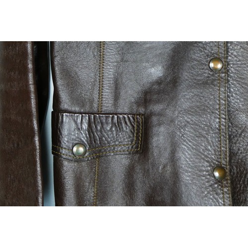 100 - Brown leather jacket and matching trousers, size 14, 36