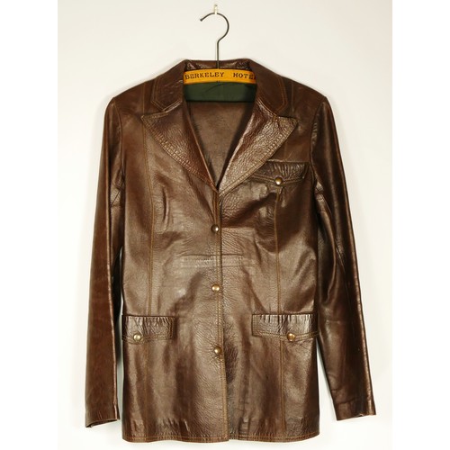 100 - Brown leather jacket and matching trousers, size 14, 36