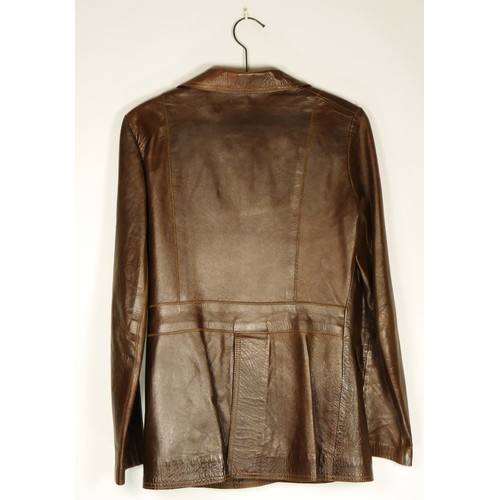 100 - Brown leather jacket and matching trousers, size 14, 36