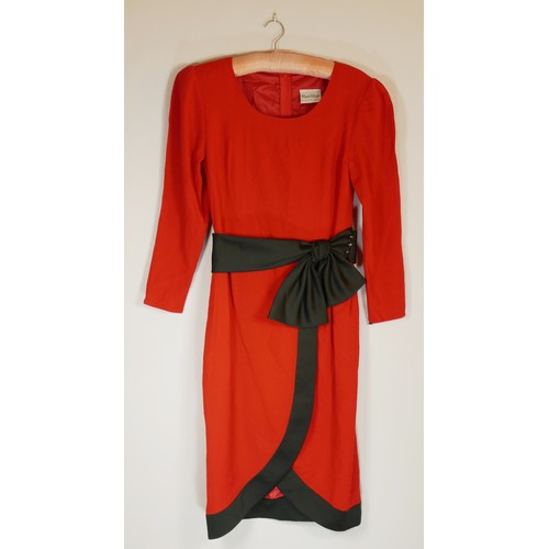 109 - Three dresses to include a 'Frank Usher' red wool/crepe dress with black belt and trim detail to ski... 