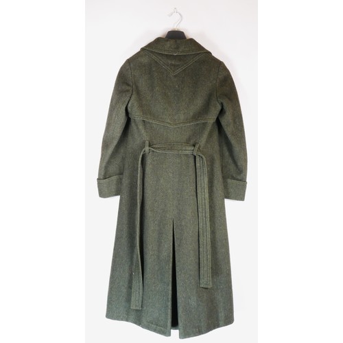 114 - A green long trench style coat, size 10 and a dusky pink short fur look long, lined coat, size 14, 4... 